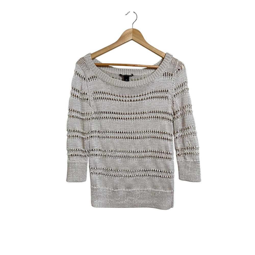 White House Black Market Women's Champagne Shimmer Crochet Knit Sweater Medium